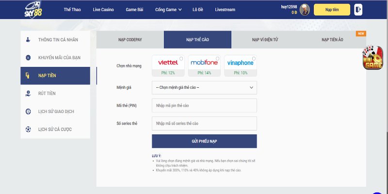 Nạp tiền Sky88 cùng một số chú ý cho người chơi
