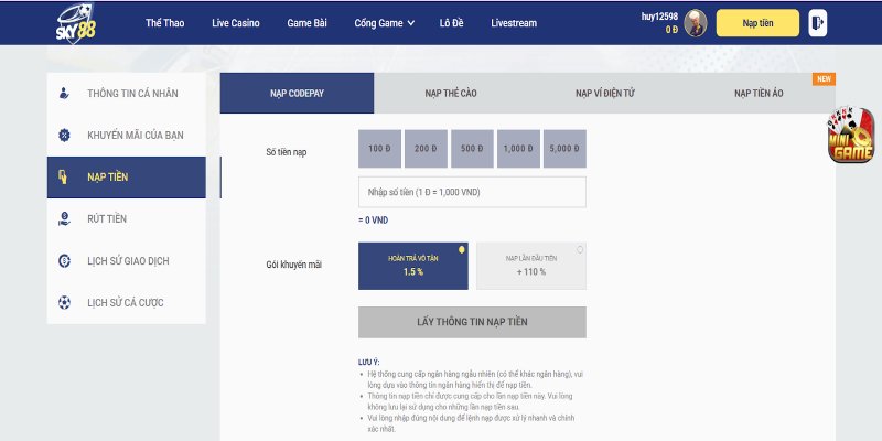 Nạp tiền Sky88 nhanh chóng gửi qua codepay
