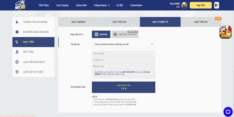 Nạp tiền Sky88 thuận tiện thông qua ví điện tử