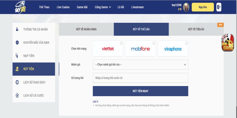 Rút tiền Sky88 bằng thẻ cào siêu tốc