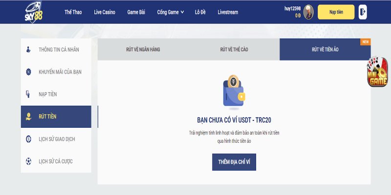 Rút tiền từ Sky88 qua tiền ảo